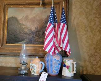#1015 • Japanese Ceramic Pitcher and Tea Pot, Decorative Clay Vase with American Flags, Kerosene Lamp
