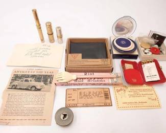 #532 • Antique Make-up, Lipstick, Box of Buttons, Safety Pins, Zipper Pull-n-Back Scratcher, Carls Jr. Coupon, Colt .45 Receipt,...
