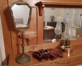 #1602 • Wooden Butterfly Contraption, Antique Oil Lamp, & Antique Mirror
