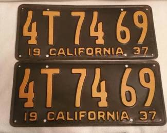 #1470 • Pair Of Black & Yellow 1937 California License Plates
