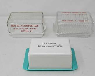 #1124 • 3 Advertising Butter Dishes, 2 Glass and 1 Plastic
