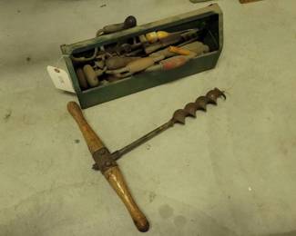 #5092 • Green Metal Tool Box & Antique Hand Drill
