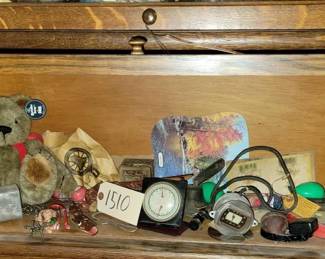 #1510 • Gunder Bear, Vintage Barometer, Vintage Jaeger Watch Co. Clock, Fish Lure, and Jacks

