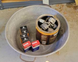 #5054 • Steel Pot With (6) Boxed Locks & Keys & Tin Full Of Master Keys & Locks
