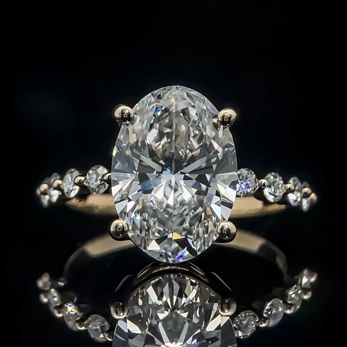 4.33 Carat Oval Diamond Solitaire & Diamond Pave Engagement Ring in 14k Yellow Gold, F-COLOR Centerstone, GIA REPORT Included; $19,500 Retail