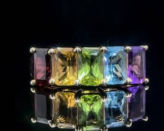 Rainbow Gemstone Amethyst, Citrine, Peridot, Blue Topaz & Amethyst Ring in 14k Yellow Gold - Semi-Precious Popular Gems; $1,400 Retail