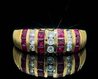 1.00 Carat Square Ruby & Diamond Scalloped Channel Bar Tapered Ring in 14k Yellow Gold; $2,620 Retail