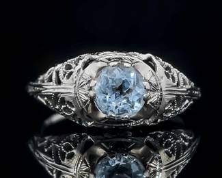 Rare Antique Estate Find! Aquamarine Round Brilliant Cut Filigree Milgrain Vintage Ring in 18k Two-Tone Gold; $1,650 Retail