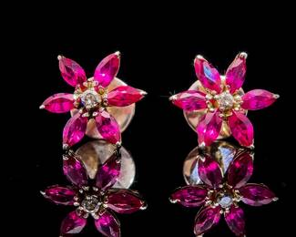 1.29ct Ruby & Diamond Snowflake / Hibiscus Cluster Flower Stud Earrings in Yellow Gold; $2,200 Retail