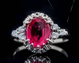 Fancy Oval Cut Ruby Solitaire & Diamond Halo Cluster Cocktail Ring in 14k White Gold; $1,675 Retail
