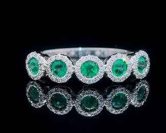 Emerald & Diamond Five-Stone Halo Anniversary, Bridal Stack Ring in 14k White Gold; $2,500 Retail