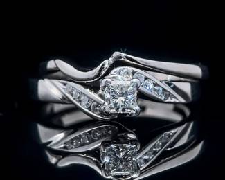 Diamond Princess Solitaire & Diamond Channel Bypass Ring Two-Piece Bridal Set in 14k White Gold - Engagement & Ring Guard Wedding Set; $1,550 Retail