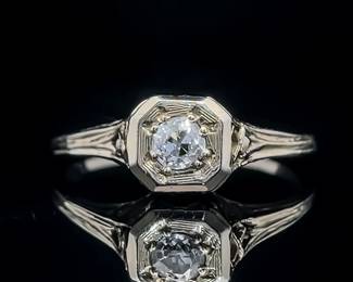 Rare Antique Estate Find! Diamond Round Brilliant Cut Solitaire Geometric Engraved & Filigree Basket Top Estate Vintage Ring in 18k White Gold; $2,000 Retail