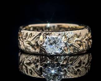 Diamond Vintage Solitaire Engraved Filigree Leaf & Vine Estate Engagement Ring in 14k Yellow Gold; $1,780 Retail