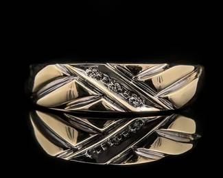 Diamond Three-Stone Engrave Detail Band in 14k Two-Tone White & Yellow Gold