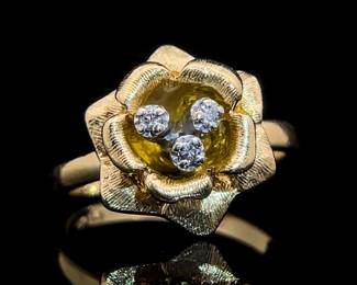Unique Estate Find! Three-Stone Diamond Dewdrop Dimensional Blooming Rose Ring in 14k Yellow Gold; $1,480 Retail
