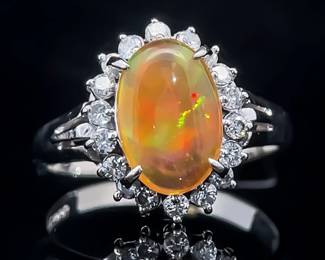 1.66 Carat Fire Opal Cabochon & Diamond Cluster Cocktail Ring in 900 Platinum w/ Original Tag Attached Retail $2400