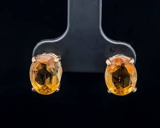 Citrine Oval Solitaire Stud Earrings in 14k Yellow Gold - Sunny Orange-Yellow Color