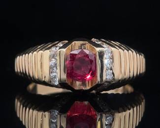 1.15 Carat Round Ruby Tension Set Solitaire & Diamond Raised Ribbed Chevron Dome Ring in 14k Yellow Gold - Retro Mod Grooved Design; $2,800 Retail