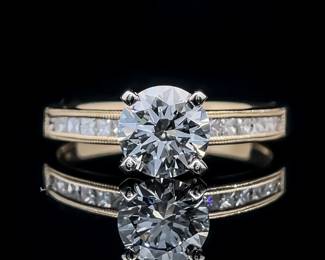 1.30ct Round Brilliant Cut Diamond Solitaire Center & Princess Cut Diamond Channel Engagement Ring in 14k Yellow Gold - Beautiful Milgrain Beaded Edges, VS Clarity/E-F Color; $4,250 Retail