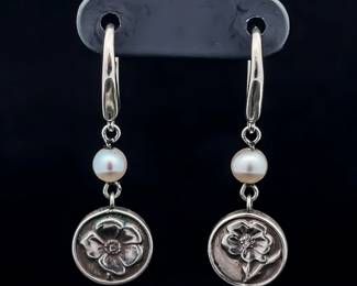 Designer Tiffany & Co. White Pearl & Coin Drop Dangle Linear Earrings w/ French Hooks