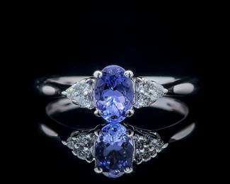 Oval Tanzanite & Diamond Cluster Three-Stone Filigree Scrolling Ribbon Ring in White Gold; $1,550 Retail