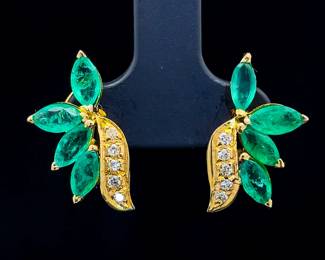 1.30 Carat Marquise Emerald & Diamond Ribbon Fanciful Flower Corsage Earrings in 14k Yellow Gold; $1,800 Retail