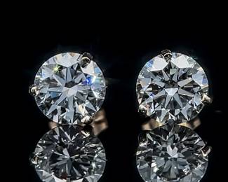 2.04ct Diamond Round Brilliant Solitaire Three-Prong Martini Stud Earrings in 14k Yellow Gold - IGI REPORT - EXCELLENT CUT, E-COLOR DIAMONDS! $6,200 Retail