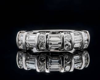 1.00 Carat Diamond Classic Round Brilliant & Baguette Channel Bar Anniversary, Bridal, Wedding Stack Ring in 14k White Gold; $3,750 Retail