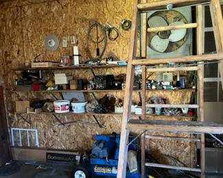 ladder, compressor, fan, garage stuff
