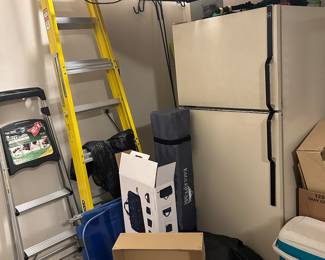 Ladders, Ryobi lawn equipment, canopy, Fridge