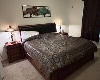 Bedroom set- King bed with mattress, 2 nightstands, wall decor,lamps