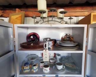 #10030 • Metal Candel Holder, Glass Plates, Coffee Mugs, Candy Dishes, Serving Plates
