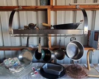 #10536 • Pot and Pan Rack, Pots and Pans, Strainers, Baking Pans
