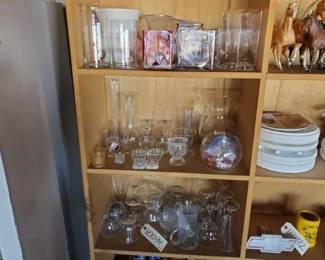 #10034 • Lot Of Glass Vases, Wine Glasses, Shot Glasses, Salt Shaker
