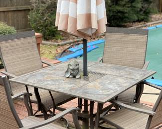 Patio (square) table, 4 chairs, umbrella with stand - back deck 