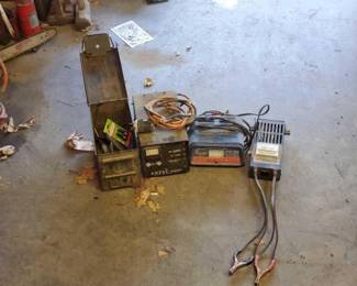 #1246 • (2) Vintage Battery Chargers, Battery Load Tester, & Ammo Can Of Tire Repair Tools
