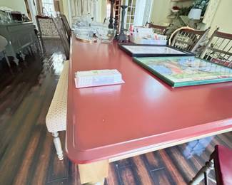 Dining Room Table - 16 FT LONG PLUS 4 FT LEAVES (2 X 24") Seats 26 people. Includes 12 Matching Chairs and 4 Matching upholstered benches