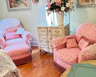 Pair of Beautiful upholstered chairs. Buy the room.  