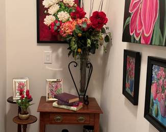 Vintage Carved Plant Stands, Foot Stool, One Drawer Accent Table