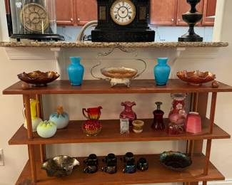 Mid Century Modern Three Tier Bookshelf, Carnival Glass, Fenton Rose Bowl Vases, Fenton Amberina Crackle Glass, Ansonia Helmsman Shelf Clock, Kroeber No 1. Derrick Clock, Fenton Peacock & More