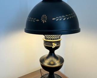 Vintage Toleware Hurricane Lamp Black & Gold.
