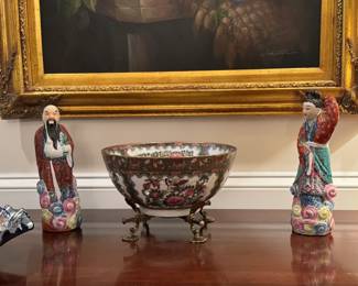 Antique Chinese Porcelain Famille Rose Figurines, Mid Century Macau Rose Canton Centerpiece