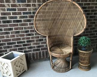 Vintage Rattan and Wicker Peacock Throne Armchair with Matching Glass Top Table