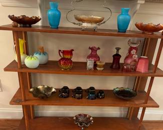 Mid Century Modern Three Tier Bookshelf, Carnival Glass, Fenton Rose Bowl Vases, Fenton Amberina Crackle Glass, Ansonia Helmsman Shelf Clock, Kroeber No 1. Derrick Clock, Fenton Peacock & More