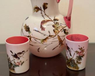 Scarce Mt Washington Cased Glass Hand Painted Water Pitcher Set