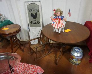tables, child rocker, Farm house decor, doll