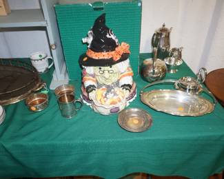 Fitz and Floyd Halloween Cookie jar, Silver plate serving pieces