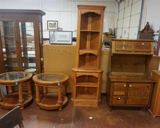 Glass top round side tables,  double opening display cabinet, corner shelf, mini pantry