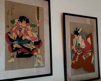 Two Japanese samurai vintage woodblock prints